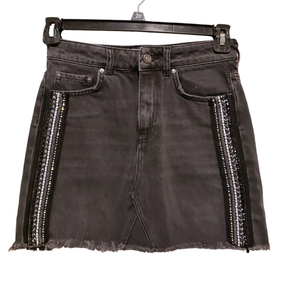 Free People Embellished Side Stripe Cutoff Denim Jean Miniskirt SZ 2 Black